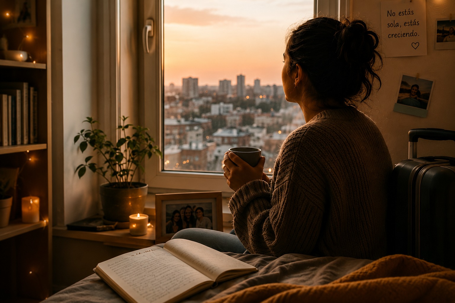 Mujer mirando por la ventana al atardecer, con un diario abierto y una taza de té